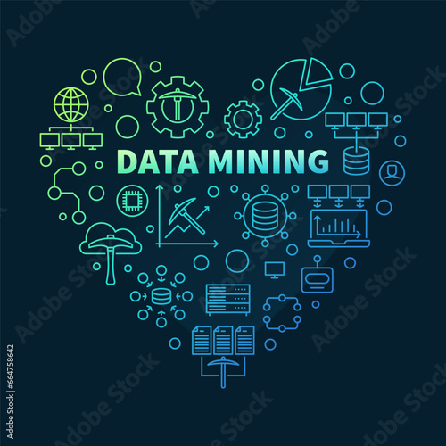 Data Mining Heart colored banner in thin line style - Database Analytics concept illustration
