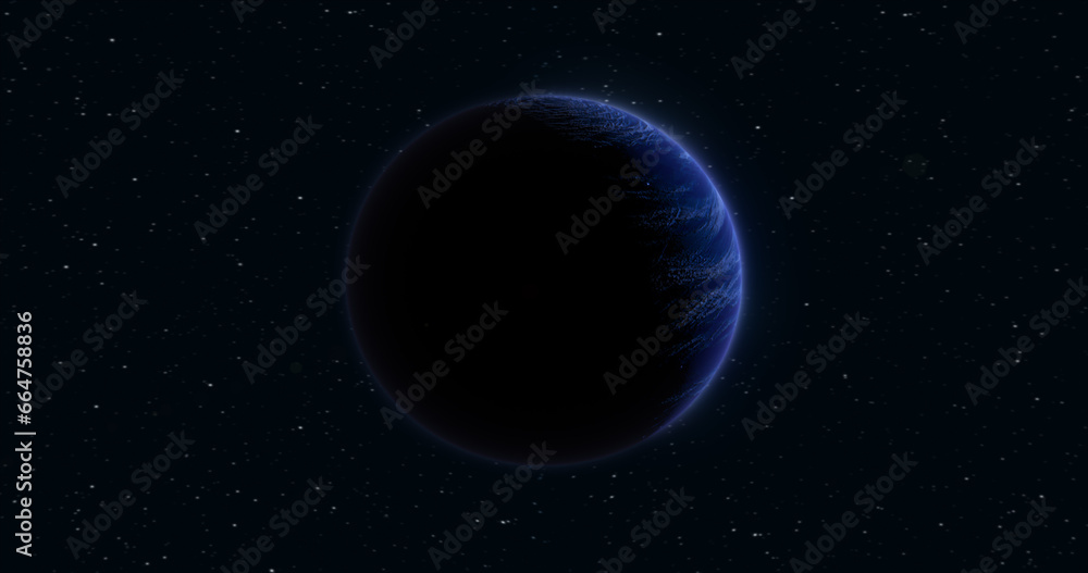 Abstract realistic space spinning planet round sphere with a blue water surface in space against the background of stars Abstract realistic space spinning planet round sphere with a blue water surface in space against the background of stars