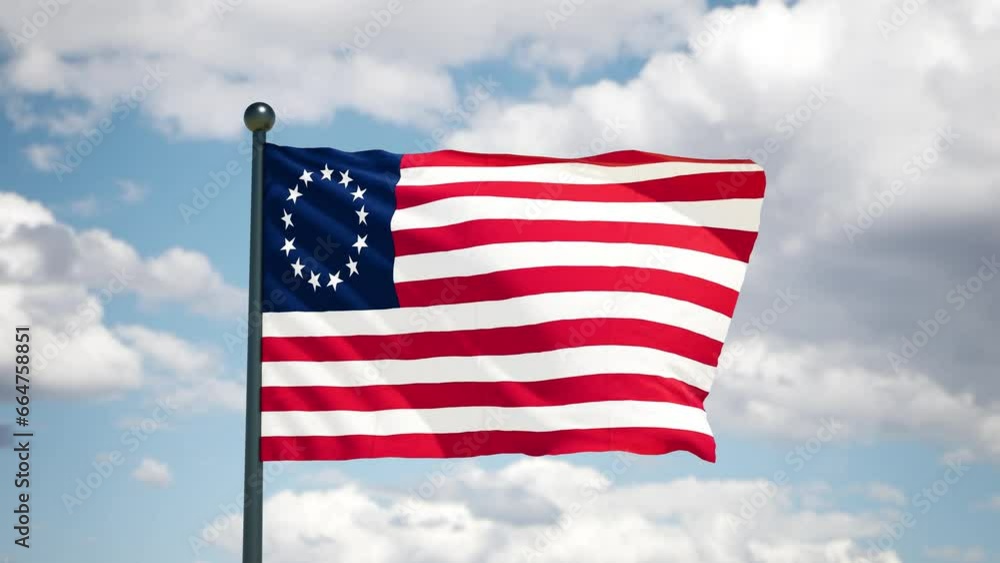 United states of America Betsy Ross flag 1776 flutters in the wind. USA national flag. Cloudy sky background. United states of America Betsy Ross flag 1776 flutters in the wind. USA national flag. Cloudy sky background.