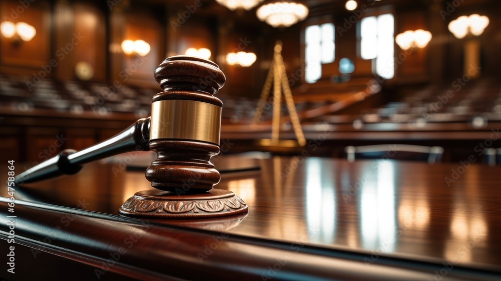 Courtroom with a judge's gavel, Representing the application of ethical principles in the legal system. Courtroom with a judge's gavel, Representing the application of ethical principles in the legal system.
