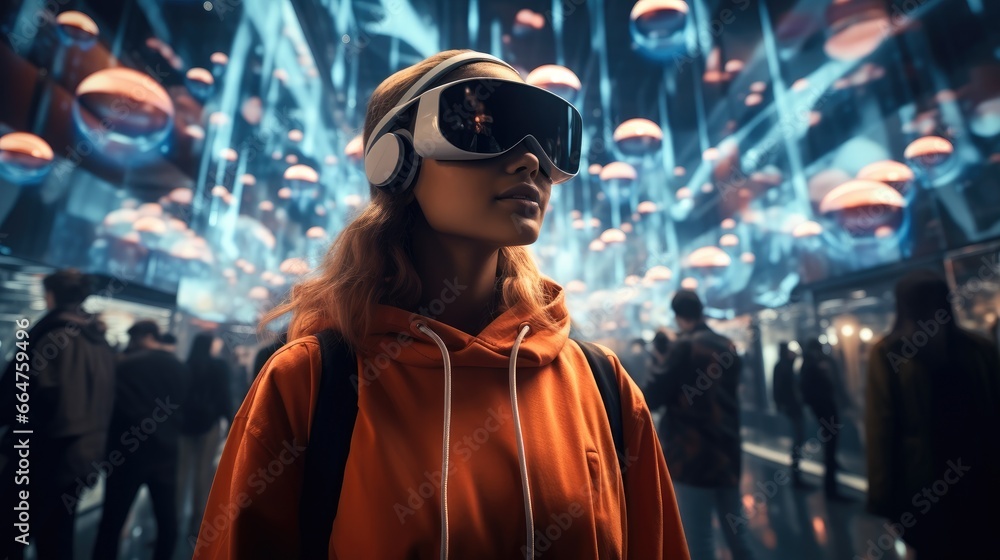 A shopper navigating through a virtual reality store, exploring the future of immersive e-commerce, Concept of online shopping experiences. A shopper navigating through a virtual reality store, exploring the future of immersive e-commerce, Concept of online shopping experiences.