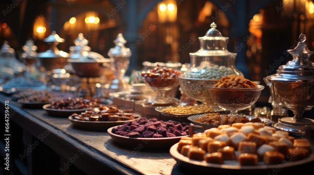 Naklejka premium Sweets like baklava and Turkish delight at Turkish bazaar filled.