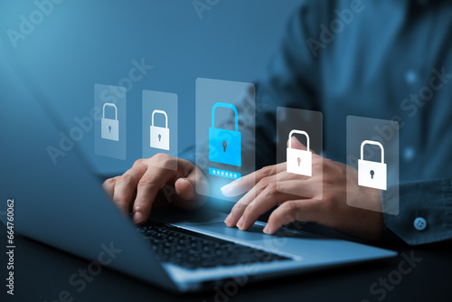 Cybersecurity and data protection, businessman using laptop internet network security, protect business and financial transaction data from cyber attack, user private data security encryption.