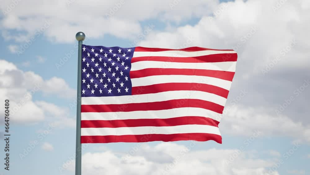 United states of America flag flutters in the wind. USA national flag. Cloudy sky background. United states of America flag flutters in the wind. USA national flag. Cloudy sky background.