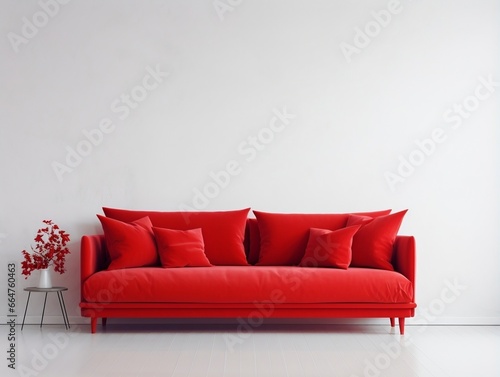 Red sofa with pillows on a white interior wall generative ai