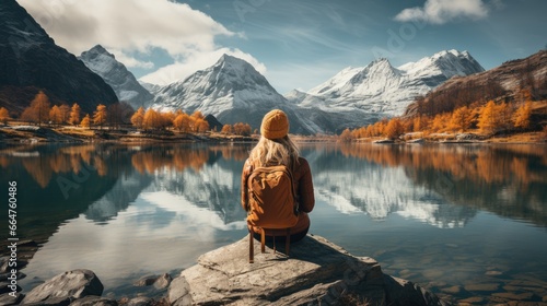 Traveler Admiring Autumn Lake Beneath Majestic Snow-Capped Mountains