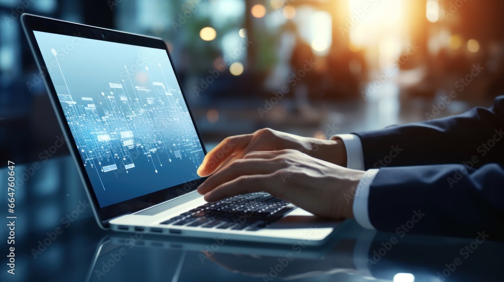 Businessman typing hologram screen. technology virtual screen laptop, document, cloud office storage. Businessman typing hologram screen. technology virtual screen laptop, document, cloud office storage.