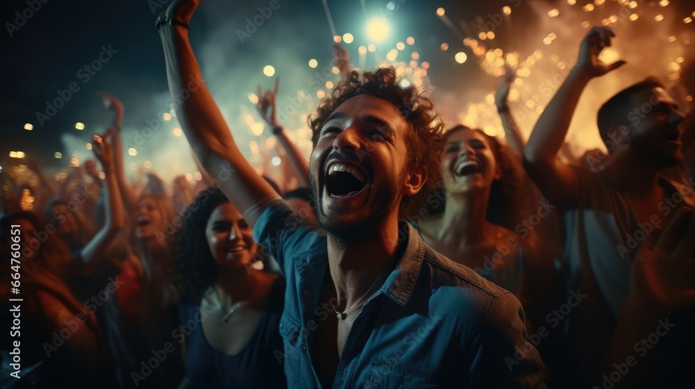 Excited reactions crowd of people at a live music concert, Waving hands and singing along. Excited reactions crowd of people at a live music concert, Waving hands and singing along.