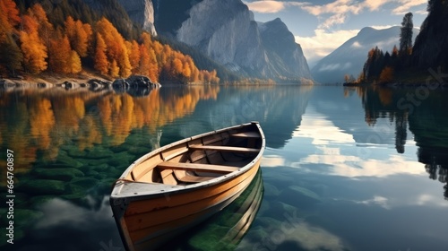 Boats on the lake with beautiful autumn landscape. © visoot