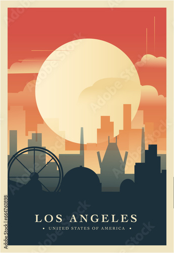 USA Los Angeles city brutalism poster with abstract skyline, cityscape California retro vector illustration. US state travel guide cover, brochure, flyer, leaflet, business presentation template image