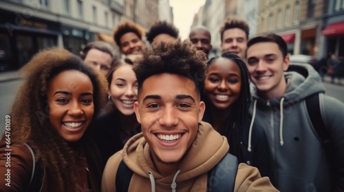 Multi ethnic student guys and girls taking selfie on city street.