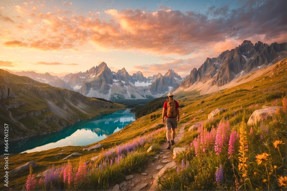 A lone hiker traverses a rugged mountain path, surrounded by breathtaking scenery A lone hiker traverses a rugged mountain path, surrounded by breathtaking scenery