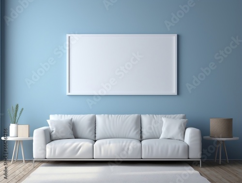 White frame mockup on a blue wall with White couch generative ai © tanjidvect