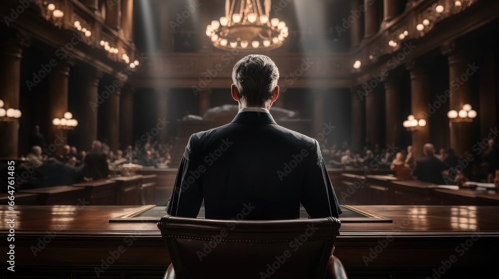 A judge presiding over a courtroom, Concept of the legal system, Back view. A judge presiding over a courtroom, Concept of the legal system, Back view.