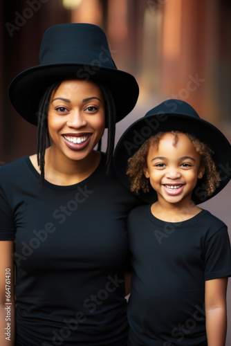 African american mother and daughter smiling happy hugging indoors in black wear © PaulShlykov