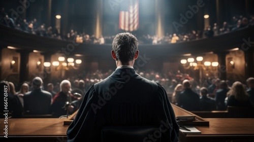 A judge presiding over a courtroom, Concept of the legal system, Back view.