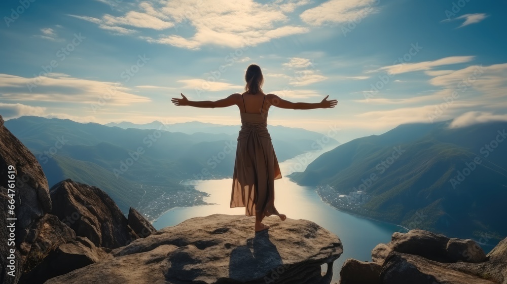 Woman is yoga practitioner demonstrating a graceful warrior pose on a mountain peak.