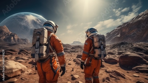 Astronauts in spacesuits is exploring the surface of Mars.
