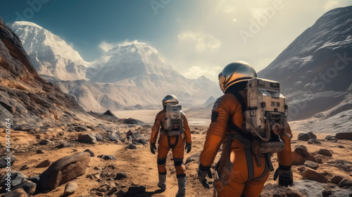 Astronauts in spacesuits is exploring the surface of Mars.
