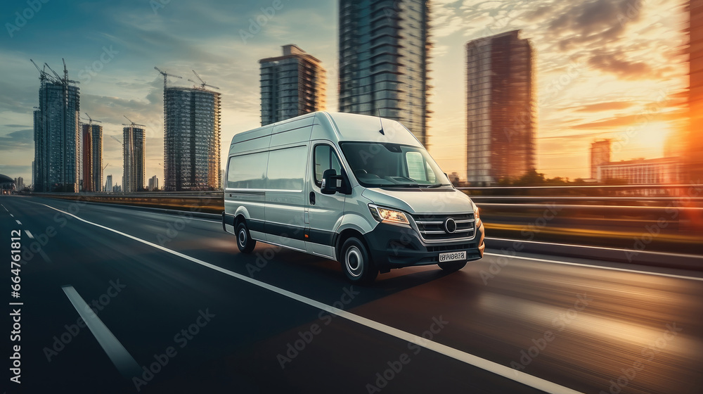 Modern delivery shipment cargo courier van moving fast on motorway road, Business logistics express service. - obrazy, fototapety, plakaty 