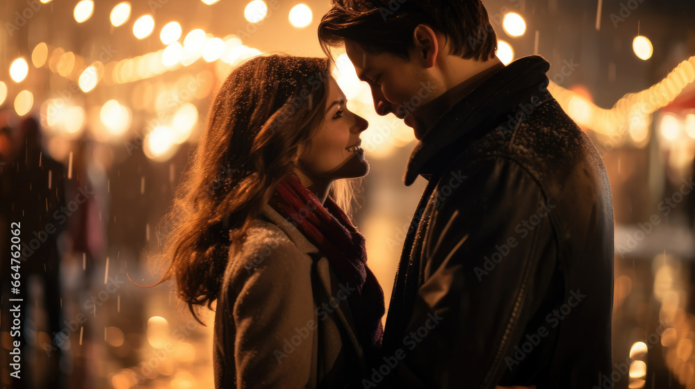 Couple enjoys the romantic together on a winter evening. Couple enjoys the romantic together on a winter evening.
