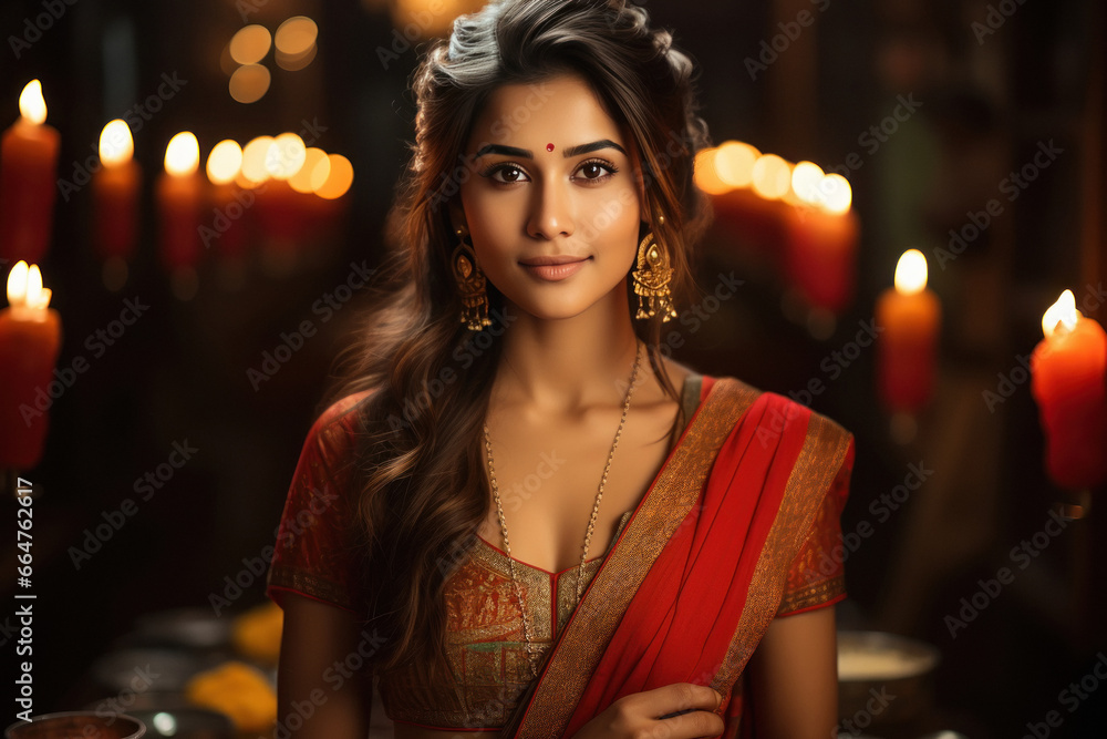 Young indian woman in traditional saree on diwali festival. Young indian woman in traditional saree on diwali festival.