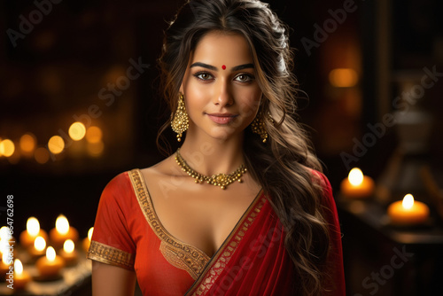 Young indian woman in traditional saree on diwali festival photo