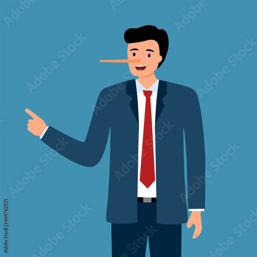 Businessman with shadow of long lie nose in flat design. Business male cheater liar. Betray dishonest person.