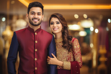 Young couple in traditional wear, celebrating diwali festival.