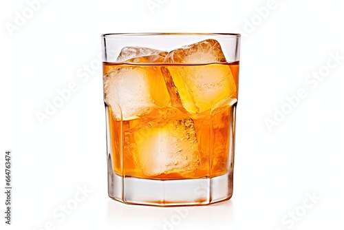 A glass of orange soda water with ice cubes on white background.