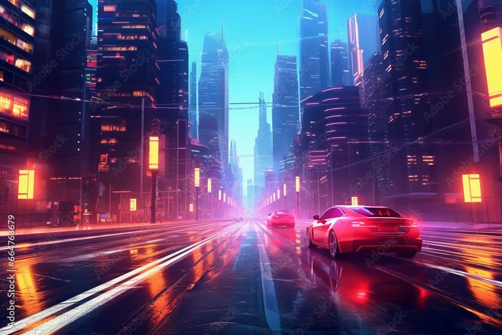 A road with neon lights leads to a futuristic city with skyscrapers in a 3D illustration. Generative AI