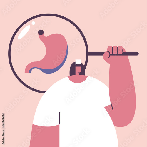 Medical Check Up concept. The girl holds a magnifying glass through which her stomach is visible. Medical diagnosis of human. Flat vector illustration.
