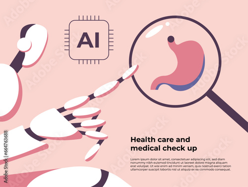 Doctor robot pointing at magnifying glass while looking at stomach diagnosis using AI technology. Innovative robots with artificial intelligence help in health care. Flat vector illustration.