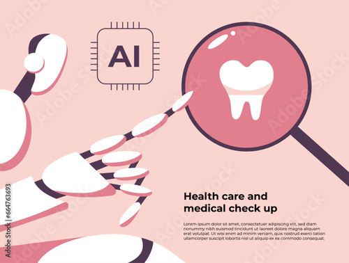 Doctor robot pointing at magnifying glass while looking at dental diagnosis using AI technology. Innovative robots with artificial intelligence help in health care. Flat vector illustration.