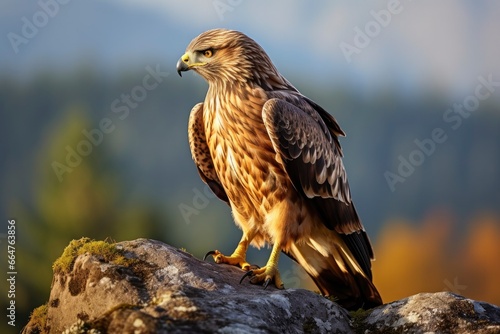 Hawk sitting on rock looking for prey.