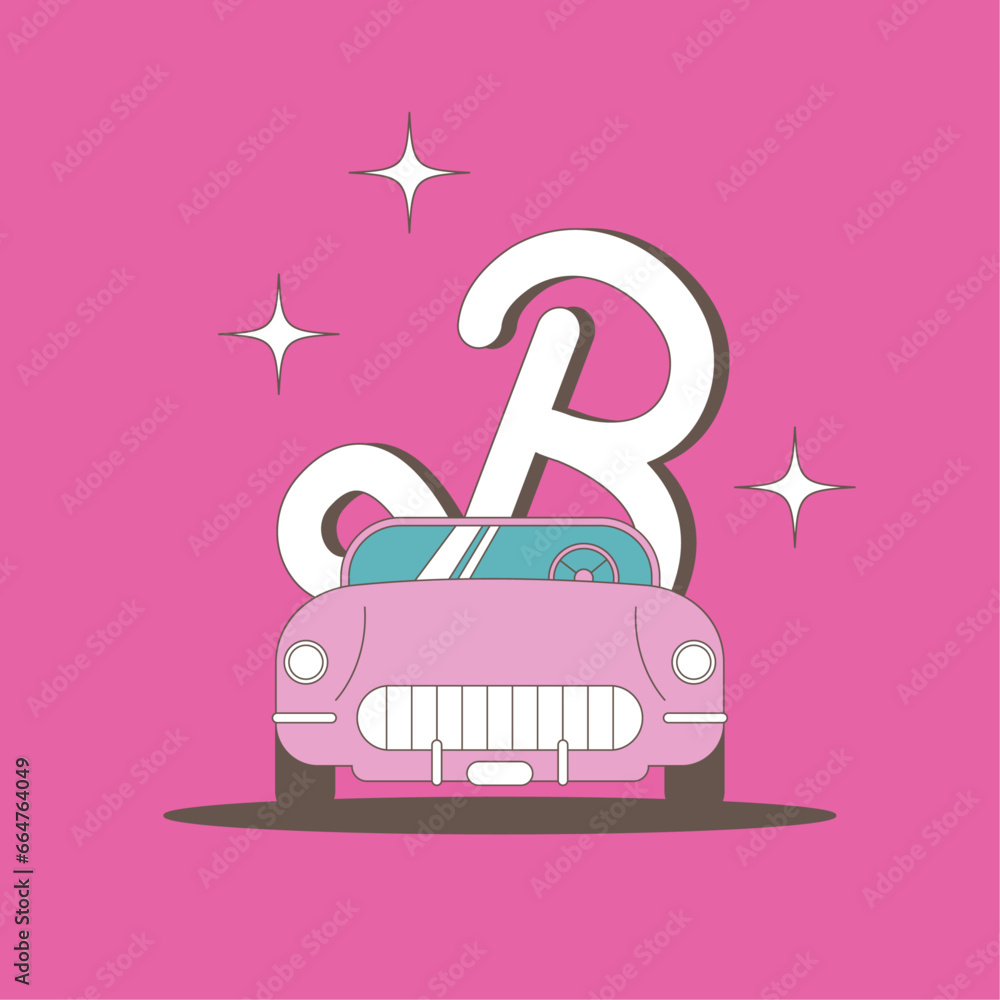 Fototapeta premium Pink car with sunset. Flat vector illustration in pink colors.
