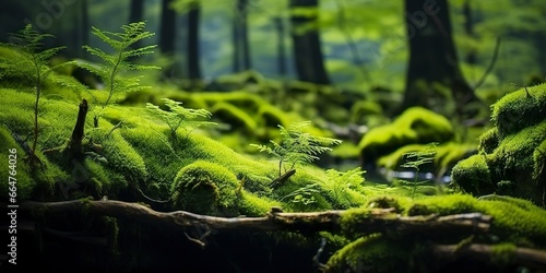 Green moss closeup, with a backdrop of woodland. Forest in the national park.