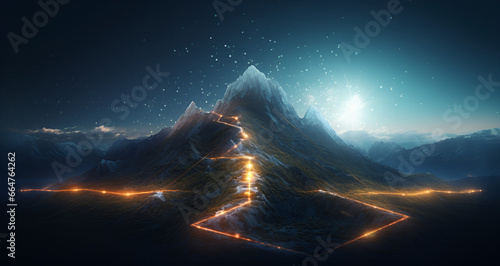 Path to success concept, with glowing light path going up the mountain, Traversing the Path to the Mountain's Pinnacle AI Generative  photo