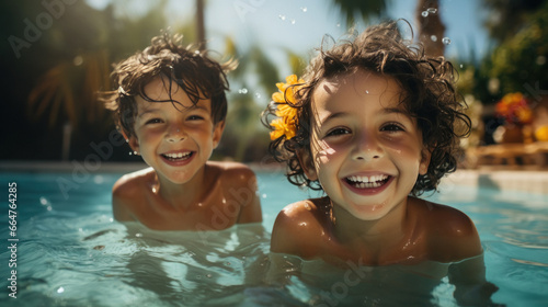 Cute indian little siblings or friends swimming at swimming pool. photo