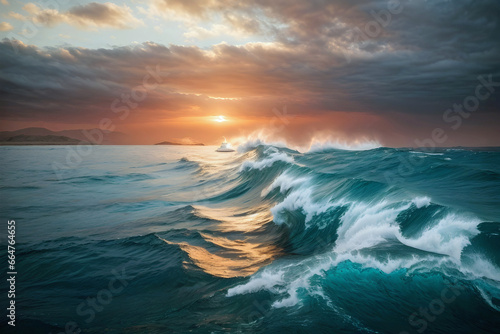 Miraculous Ocean Waves at the Sunset Golden Hour Wallpaper or Background Generative AI © Mordikai Art