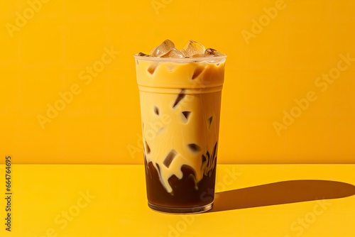 Iced Latte on yellow background.