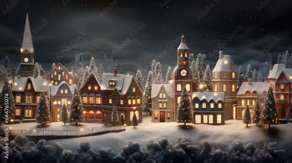 Scandinavian Christmas card. Festive European town made of clay and decorated for the holidays