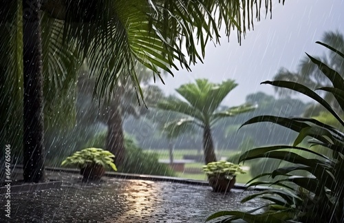 Rain in the tropics during the low season or monsoon season. Raindrops in a garden.