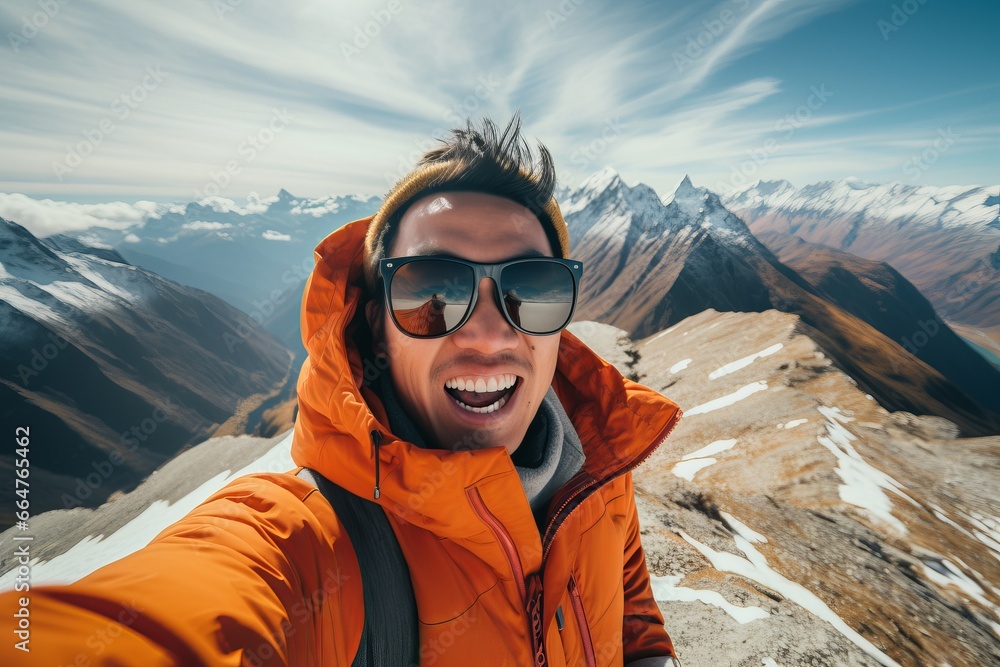 Portrait of Asian Male Hiker with Sunglasses Take a Selfie on Top of Mountain, Happy Traveller Man Smiling and Looking at the Camera. Portrait of Asian Male Hiker with Sunglasses Take a Selfie on Top of Mountain, Happy Traveller Man Smiling and Looking at the Camera.