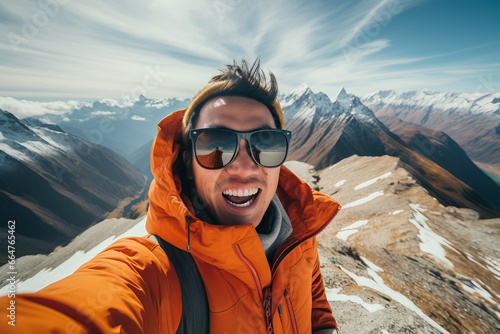 Portrait of Asian Male Hiker with Sunglasses Take a Selfie on Top of Mountain, Happy Traveller Man Smiling and Looking at the Camera.