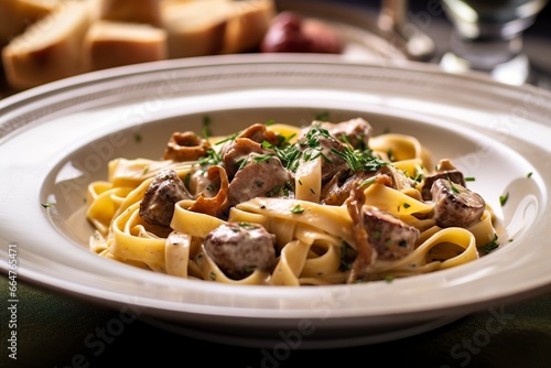Tagliatelle with sausage and porcini, Pasta with sausage and summer cep mushroom.