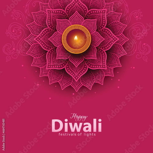 Indian festival Happy Diwali celebration background. Top view of banner design decorated with illuminated oil lamps on patterned background. abstract vector illustration