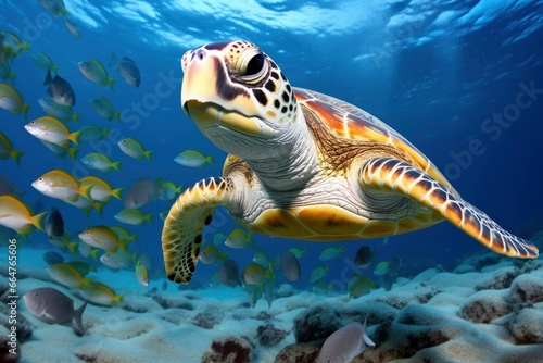Turtle closeup with school of fish. © RABEYAAKTER