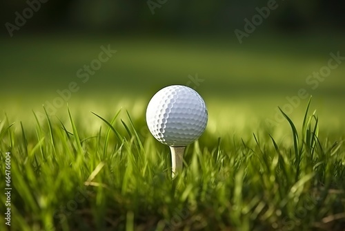 White golf ball on wooden tee with grass.