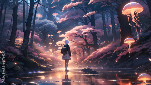 Girl walking under a stream in a fantasy forest